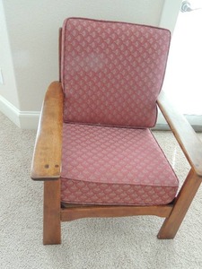 lot 4 image: Vintage  Solid Wood Chair (  WAS IN A Dental Office Waiting Room  1930s)  Red cushions and throw pillow