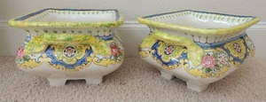 lot 7 image: Large WHITE W Yellow &Blue Floral design  Porcelain Pots  Made in Italy for Gumps  8x13x12  QTY 2.  (GUMPS - SAN FRANCISCO, CA  FOUMDED 1861)