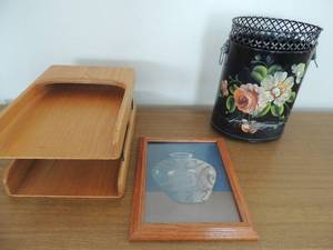 lot 12 image: Black double handled waste basket with floral paint,   14x10  Vase picture     2 tier wooden desk organizer