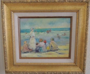 lot 17 image: Painting of Family at the Beach - initials MMB 16x14