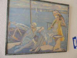 lot 19 image: 2 Women SITTING ON DOCK by OCEAN & SAILBOATS 20x16 - WHITFIELDS
