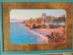 lot 20 image: HOUSE OVERLOOKING SEA  & BEACH  in Blue Frame  with Museum glass 28x20