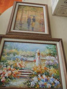 lot 36 image: Art by J. Gamortee LADYGIRL IN FLORAL GARDEN 20x16 and Art  LADY & COULPE WALKING W U,BRELLAS IN THE RAIN by AMB 18x15