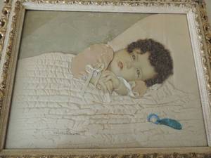 lot 37 image: Heavens Gift Art of Baby- 3 D-. Real hair , clothing and bedding,  Vintage Vanity Hand Mriror,    Moonlight and Roses wooden art stand by Marta E. Peters 15x10