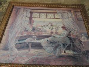 lot 41 image: LADY WITH PUPPY IN SUNROOM - Original art piece 33x27