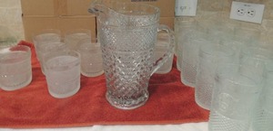 lot 46 image: Glass lot- DIAMOND PATTERN 15 DRINKING GLASSES,  11 Short GLASSES &  9.5 Glass Pitcher