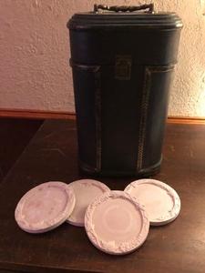 lot 66 image: Wooden wine bottle carrier for 2 bottles and 4 absorbing stone coasters