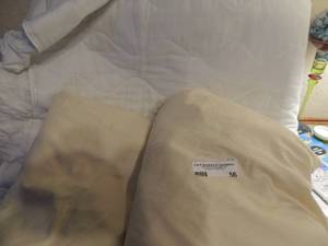 lot 56 image: Cream color sheet set fitted and flat sheet plus matress cover. Queen size Oima Cotton sheets by Wamsutta