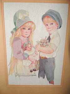 lot 60 image: Needlepoint Boy & Girl 16x20 framel