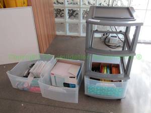 lot 48 image: Various office supplies and plastic storage drawers
