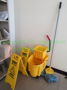 lot 56 image: Various cleaning supplies, incuding mop bucket, CAUTION Wet Floor folding signs, and mop
