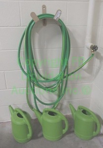 lot 166 image: Garden hose and plastic watering cans