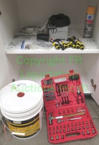 lot 139 image: Various tools, including Black and Decker cordless electric lightscrewdriver, tool set, Klein Tools pulling line, and more