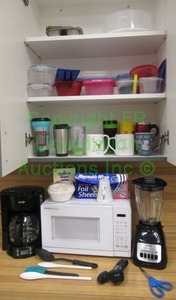 lot 145 image: Oster Duralast Classic blender, Mr. Coffee coffee maker, Sharp Carousel microwave, and more