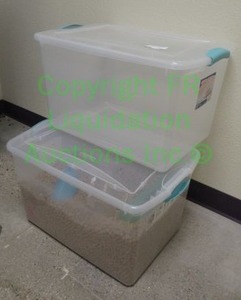 lot 124 image: Sterilite plastic storage containers, one contains dog food