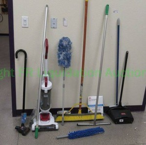 lot 147 image: Various cleaning supplies, including Black and Decker AirSwivel vacuum, brooms, and more