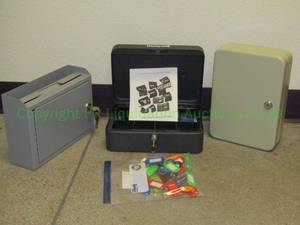 lot 97 image: Honeywell steel cash, key, and security box, wall mount security box, and metal security box