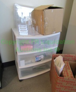 lot 63 image: Plastic storage drawers and various office supplies, including plastic bags and more