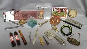 lot 199 image: Assorted items , harmonica, football card, miniature cowboy hat . . .