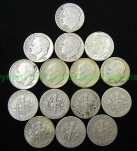 lot 484 image: Silver pre 1965 Roosevelt dimes, 15 count