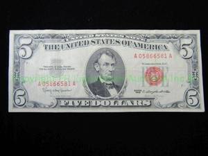 lot 526 image: 1963 United States five dollar red seal note