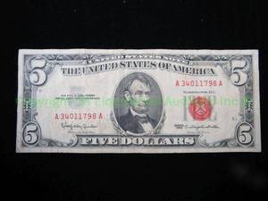 lot 527 image: 1963 United States five dollar red seal note