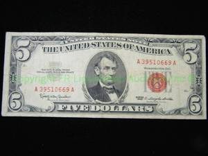 lot 536 image: 1963 United States five dollar red seal note