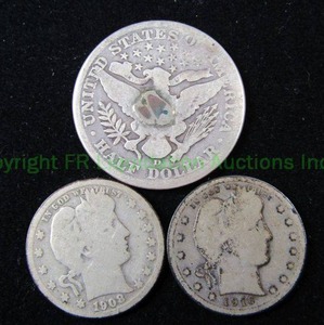 lot 551 image: Silver Barber half dollar and 2 Barber quarters