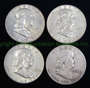 lot 467 image: Silver Franklin half dollars. Bid is times the quantity
