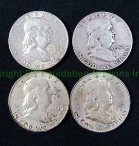 lot 475 image: Silver Franklin half dollars. Bid is times the quantity
