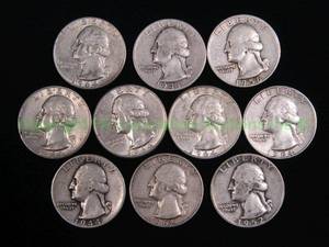 lot 507 image: Silver pre 1965 washington quarters, conditions vary per lot. Bid is times the quantity