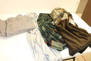 lot 107 image: Lot of Mens Clothing (Camo Jacket XL, Camo Shirt L, Dri-Fit Shirt 2XL, Khaki Shorts 30W)