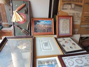 lot 163 image: Picture frame 24x11, art baby 15x12 children 15x13 rock mountain 17x13 and mirror 23x17