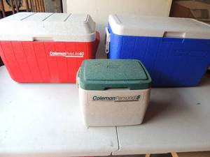 lot 170 image: 3 Coleman Ice chests red 15x23 blue 15x24 Green 8x13
