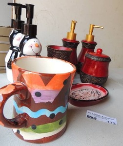 lot 172 image: Red bath soap set - lotion,  soap dish,  cotton ball holder.  2 snowman liquid soap dispenser,  coffee cup hand painted by Ellen E.
