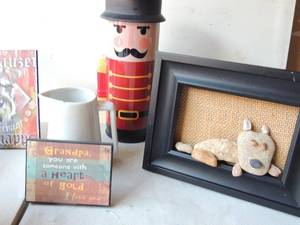 lot 177 image: Schnauzer wooden plaque, grandpa plaque, art 5x7 of real rock dog, Anthropology Lama, peanut man sailor tin and candle