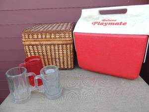 lot 197 image: Brown wicker picnic basket, deluxe playmate ice chest 2 beer mugs