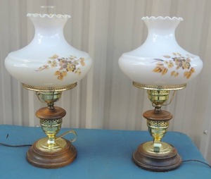 lot 209 image: TWO Antique hand painted lamps, gold flowers on glass shade 21 tall x 10 round