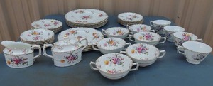 lot 151 image: Royal Crown Derby China set POSIES (made in England)- 5 dinner plates, 5 salad plates, 6 dessert plates, 6 bread plates, 5 saucers, 6 double handled soup bowls, 4 teacups,  sugar and creamer - 39 pcs