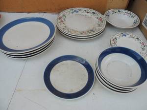 lot 159 image: English Garden Stoneware Dishes - 1 bowl, 3 saucers, 2 plates, Gibson dishes- 4 bowls, 4 plates 1 saucer all have blue trim