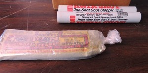 lot 258 image: Box of 7 oz. bags of chimney cleaner, 2 tubs of quick shot and chimney soot remover