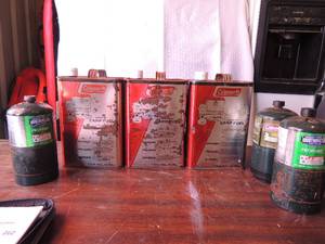 lot 264 image: 3 CANS of Coleman CAMP Fuel  &  2 camping propane tanks