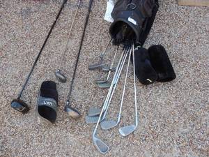 lot 272 image: Golf clubs Lob wedge Wilson, Virago oversize clubs 3-9, putter Virago Virage drivers Titanium 21 pitch