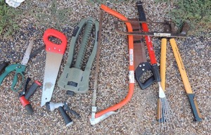 lot 273 image: Multiple saws, water sprinkler, tree trimmers,