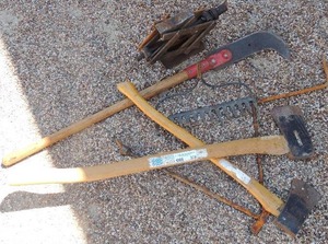 lot 274 image: 2 wood handle Axes, weed whacker, jack  W handle