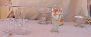 lot 295 image: Glass Cake Stand no cover, Sten candy dish, bubble glass tray 2 cups, glass bucket