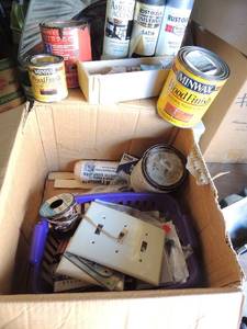 lot 190 image: Large lot of wall plug covers,   painting supplies and staining materials for refinishing wood