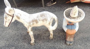lot 189 image: Vintage Concrete Mexican Latin American Sleeping Siesta Man 18 tall & donkey 23 tall