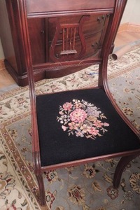 lot 292 image: Lyre Back Vintage Chairs with Black needlepoint floral seats 6 chairs - 1 Captain chair & 5 side chairs - AMAZING