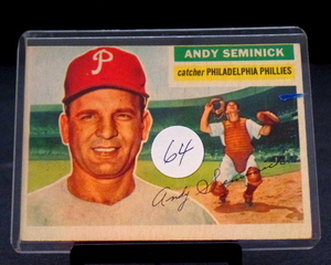 lot 64 image: VINTAGE 1956 Topps Baseball ANDY SEMINICK #296 Grey Back  Philadelphia Phillies -EX